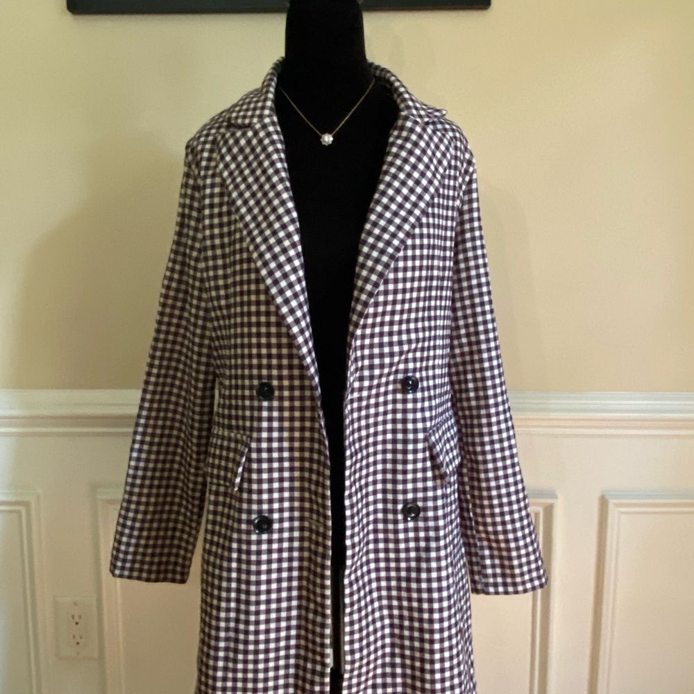 Women's Burgundy and White Checkered Coat Size 4